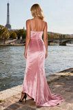 Velvet Pink Long Prom Dress with Rhinestones