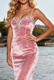 Velvet Pink Long Prom Dress with Rhinestones