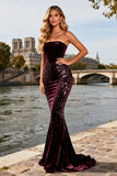 Burgundy Velvet Mermaid Beaded Prom Dress