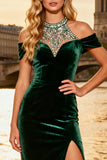 Sparkly Dark Green Halter Velvet Prom Dress