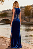 Sparkly Velvet Royal Blue V Neck Prom Dress