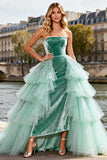 Mint Green Strapless Velvet Tiered Princess Prom Dress