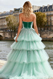 Mint Green Strapless Velvet Tiered Princess Prom Dress