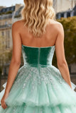 Mint Green Strapless Velvet Tiered Princess Prom Dress