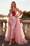 Sparkly Pink Strapless Prom Dress with Train