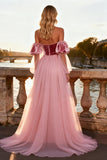 Sparkly Pink Strapless Prom Dress with Train