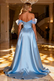 Off the Shoulder Satin Sky Blue Prom Dress with Slit