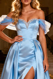 Off the Shoulder Satin Sky Blue Prom Dress with Slit