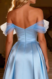 Off the Shoulder Satin Sky Blue Prom Dress with Slit