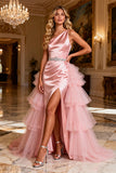One Shoulder Pink Satin Ruched Prom Dress with Ruffles