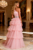 One Shoulder Pink Satin Ruched Prom Dress with Ruffles