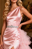 One Shoulder Pink Satin Ruched Prom Dress with Ruffles