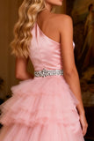 One Shoulder Pink Satin Ruched Prom Dress with Ruffles