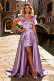 Light Purple Bowed High Low Satin Prom Dress