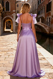 Light Purple Bowed High Low Satin Prom Dress