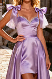 Light Purple Bowed High Low Satin Prom Dress