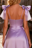 Light Purple Bowed High Low Satin Prom Dress