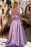 Light Purple Satin Short Sleeve Princess Prom Dress