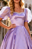 Light Purple Satin Short Sleeve Princess Prom Dress