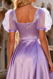 Light Purple Satin Short Sleeve Princess Prom Dress