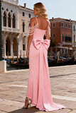 Pink Cold Shoulder Mermaid Bowed Prom Dress with Pearls