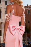 Pink Cold Shoulder Mermaid Bowed Prom Dress with Pearls
