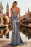 Sparkly Grey One Shoulder Mermaid Bowed Prom Dress