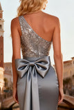Sparkly Grey One Shoulder Mermaid Bowed Prom Dress