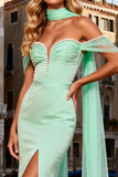 Mint Green Mermaid Off the Shoulder Prom Dress with Pearls