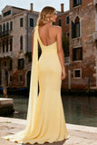 Light Yellow One Shoulder Mermaid Prom Dress with Pearls