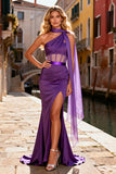 Mermaid Purple Corset Ruched Prom Dress with Neck Scarf