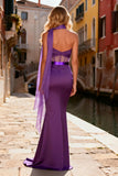 Mermaid Purple Corset Ruched Prom Dress with Neck Scarf