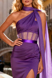 Mermaid Purple Corset Ruched Prom Dress with Neck Scarf