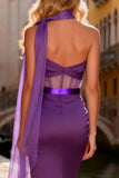 Mermaid Purple Corset Ruched Prom Dress with Neck Scarf