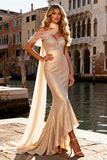 Sparkly Strapless Mermaid Ruffled Champagne Prom Dress