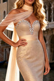 Sparkly Strapless Mermaid Ruffled Champagne Prom Dress