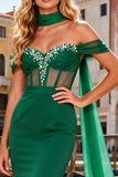 Off the Shoulder Dark Green Mermaid Ruffled Prom Dress