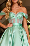Off the Shoulder Princess Satin Corset Mint Green Prom Dress
