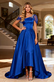 Asymmetrical Neck A Line Royal Blue Satin Prom Dress