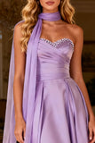 Strapless Light Purple Satin Ruched Prom Dress