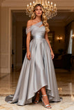 A Line Grey Satin High Low Prom Dress