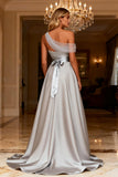 A Line Grey Satin High Low Prom Dress
