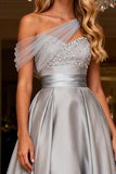 A Line Grey Satin High Low Prom Dress
