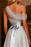 A Line Grey Satin High Low Prom Dress