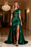 Dark Green One Shoulder Corset Satin Prom Dress