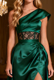 Dark Green One Shoulder Corset Satin Prom Dress