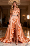 Off the Shoulder A Line Ruffled Orange Prom Dress