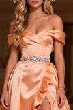 Off the Shoulder A Line Ruffled Orange Prom Dress