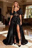 Black Short Sleeve A Line Corset Prom Dress