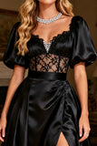 Black Short Sleeve A Line Corset Prom Dress